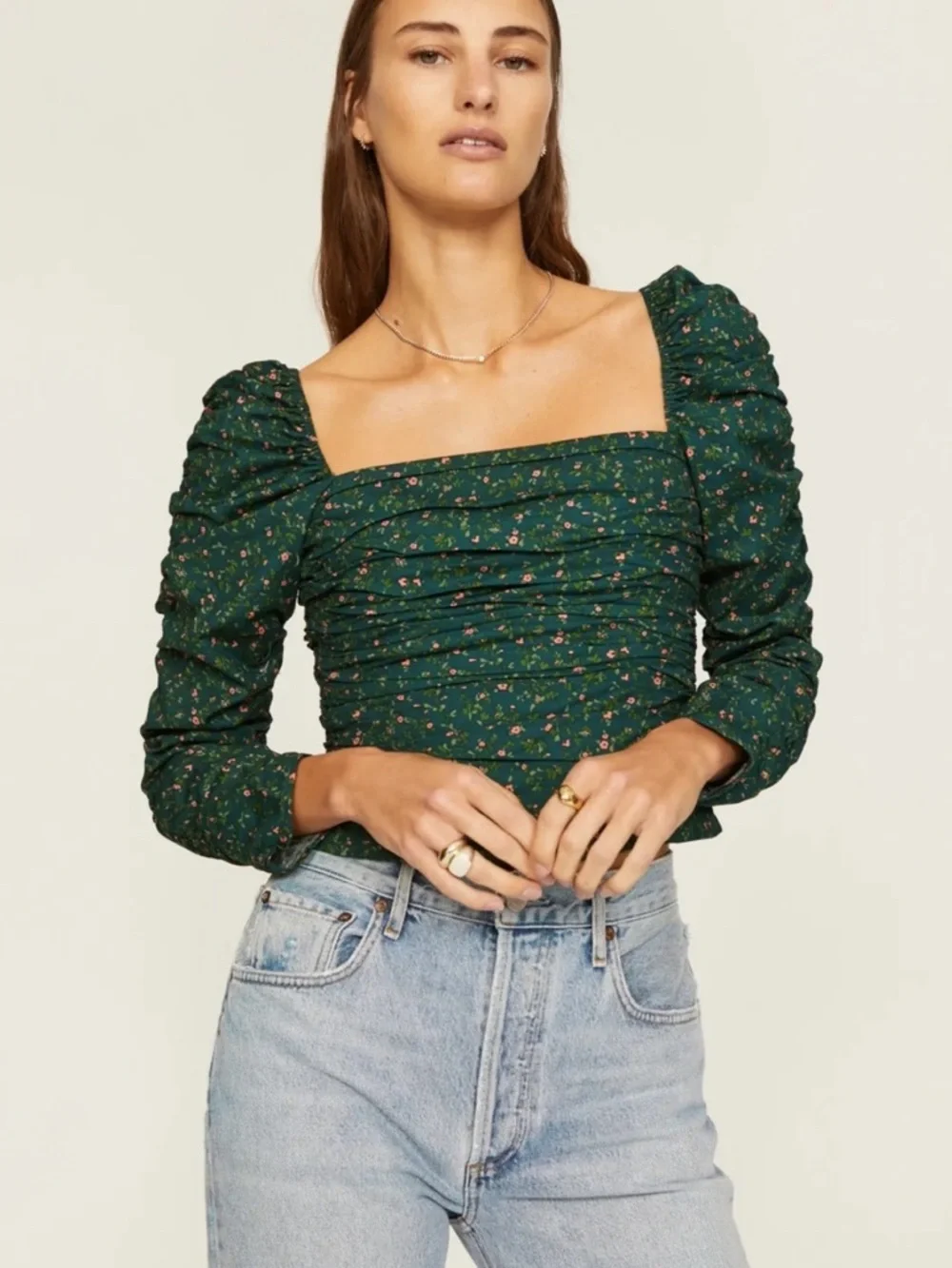 Reformation Dark Green Floral Square-Neck Puff-Sleeve Top
